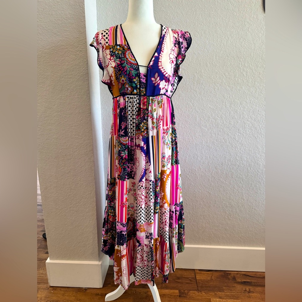 Anthropologie Ruffled Flutter Patchwork Midi Dres… - image 1